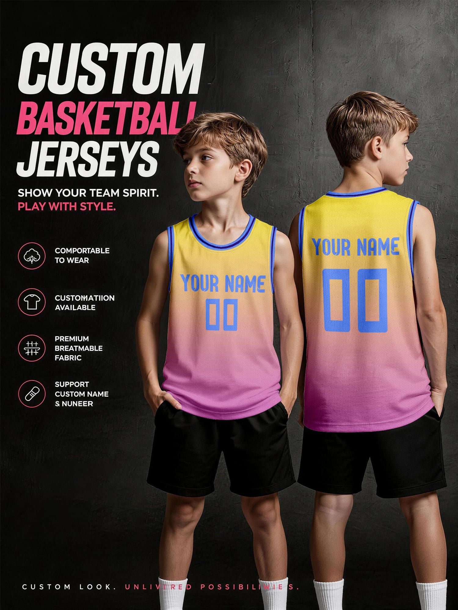 Embellish Knit - Geel-roze gradiënt blauwe rand custom basketbalshirt